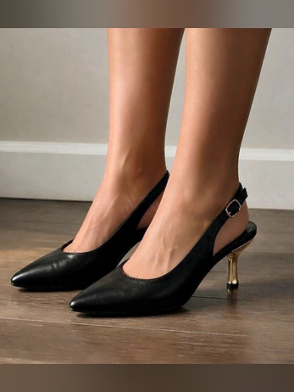 Closed Pointed Toe Slingback Heels With Sculptural Gold Metallica Kitten Heel